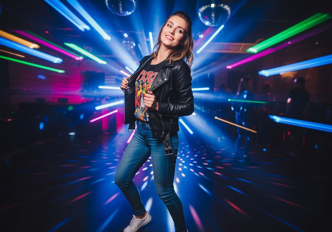 Mladá žena v koženej bunde a bielych teniskách v nočnom klube s farebnými svetlami.