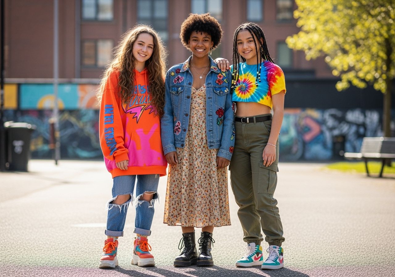 trojica tínedžeriek v rôznych štýloch oblečenia na mestskom pozadí za denného svetla