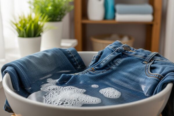 Modré rifľové nohavice nasiakajú vo vani s vodou a pracím prostriedkom v práčovni.