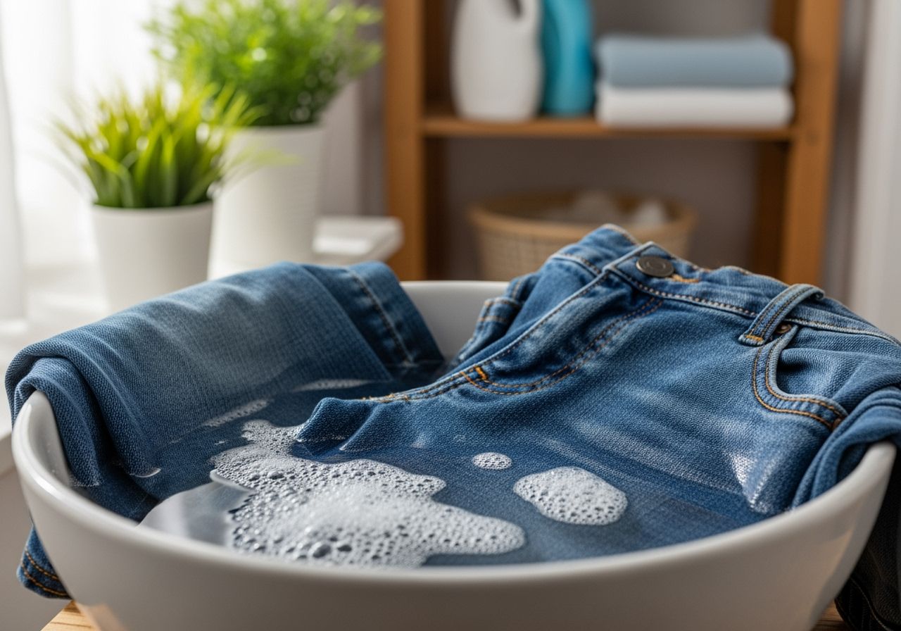 Modré rifľové nohavice nasiakajú vo vani s vodou a pracím prostriedkom v práčovni.