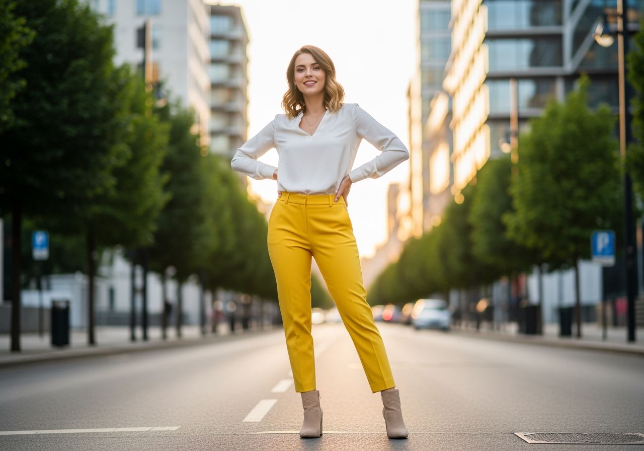 Mladá žena v žltých nohaviciach a bielej blúzke stojí na ulici mesta počas zlatého svetla.