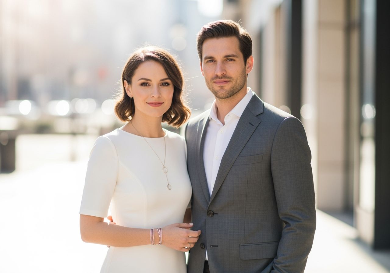 štýlový pár na civilnom sobáši vonku s úsmevom, mestské pozadie, denné svetlo, moderné oblečenie