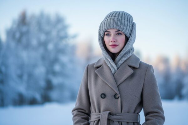 Mladá žena v zime v pletenej čiapke a vlnenom kabáte stojí vonku pri zasnežených stromoch.