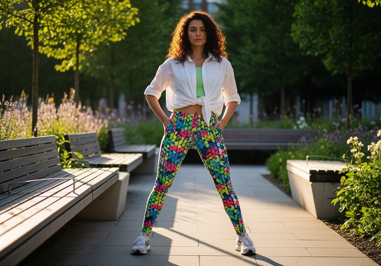 Mladá žena v mestskom parku v farebných legínach, bielej košeli a teniskách, stojaca sebavedome.