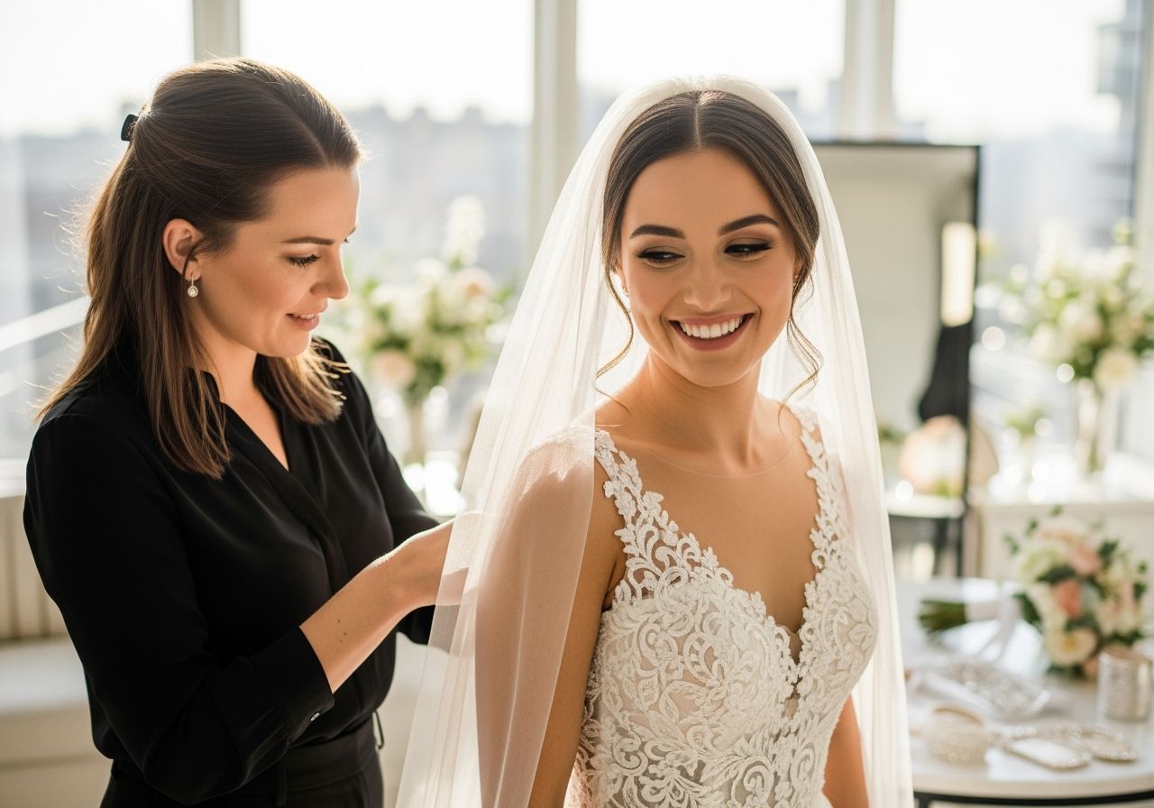 Nevesta a stylistka upravujú svadobné šaty v miestnosti s oknami a kvetmi v pozadí.