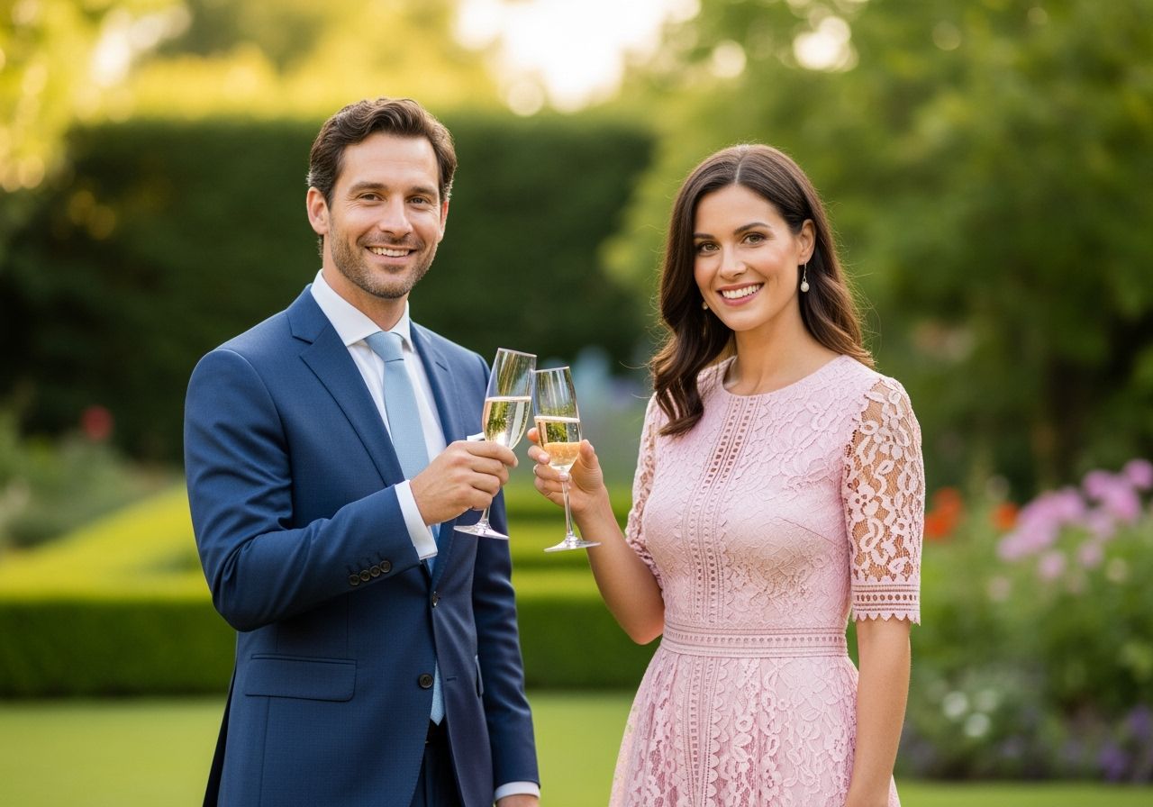 Muž v tmavomodrom obleku a žena v ružových šatách na oslave výročia svadby v záhrade s pohármi šampanského