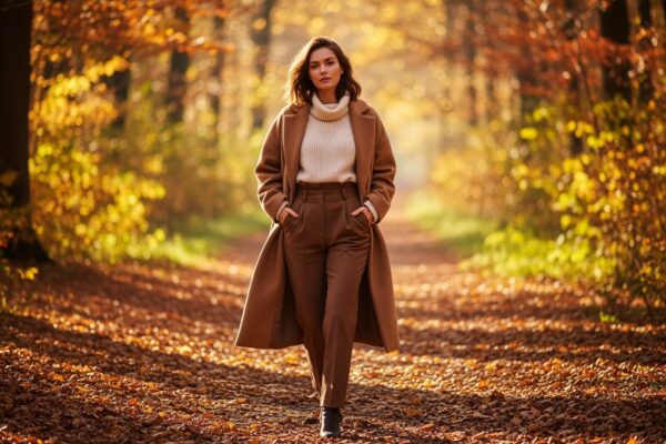 Mladá žena v jesennom outfite kráča lesnou cestou pokrytou farebnými spadnutými listami.