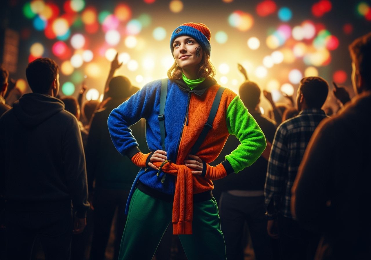 Mladá osoba v davu na koncerte, oblečená pohodlne a štýlovo, s prirodzeným svetlom a rozmazanými svetlami.