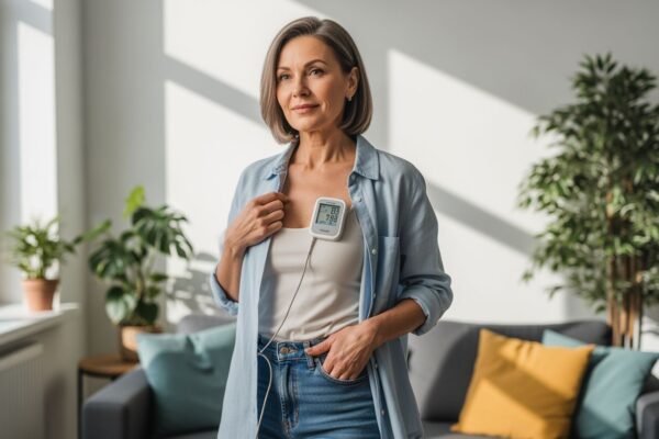 Stredne staršia žena s holterom na hrudi stojaca v modernom svietnikom obývacej izby