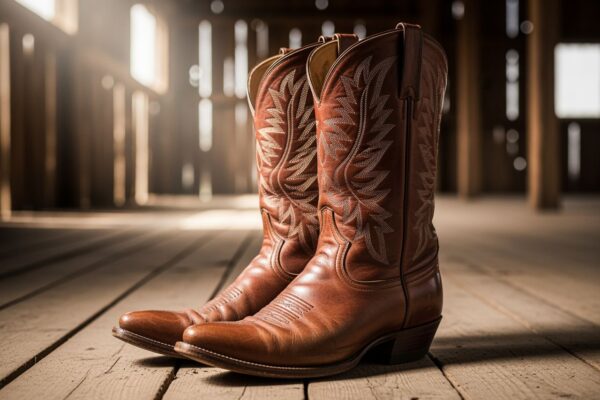 Pár opotrebovaných kovbojských topánok na drevenej podlahe v starej stodole s teplým svetlom.