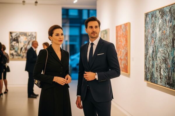 Štýlový pár na vernisáži v modernej galérii s abstraktnými obrazmi na bielych stenách.