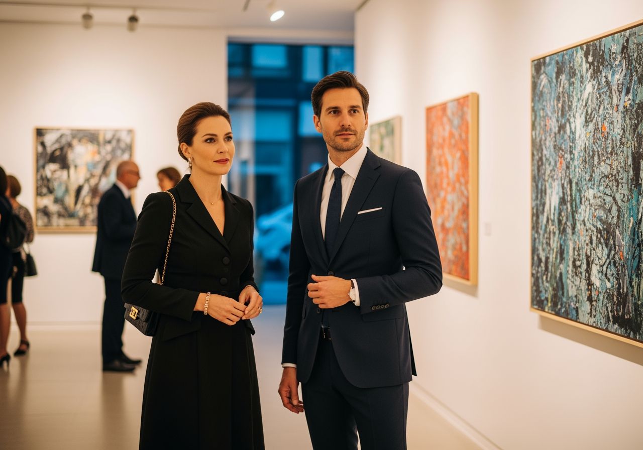 Štýlový pár na vernisáži v modernej galérii s abstraktnými obrazmi na bielych stenách.