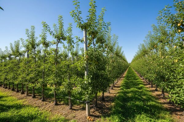 Moderný sad s ovocnými stromami a podpormi vetiev pod jasnou modrou oblohou.