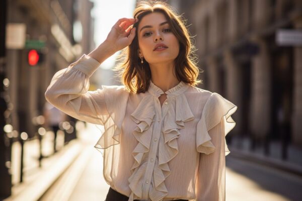 Mladá žena v pastelovej blúzke s volánmi na slnečnej mestkej ulici, pozadie rozmazané.