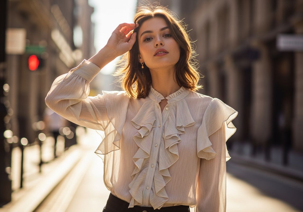 Mladá žena v pastelovej blúzke s volánmi na slnečnej mestkej ulici, pozadie rozmazané.