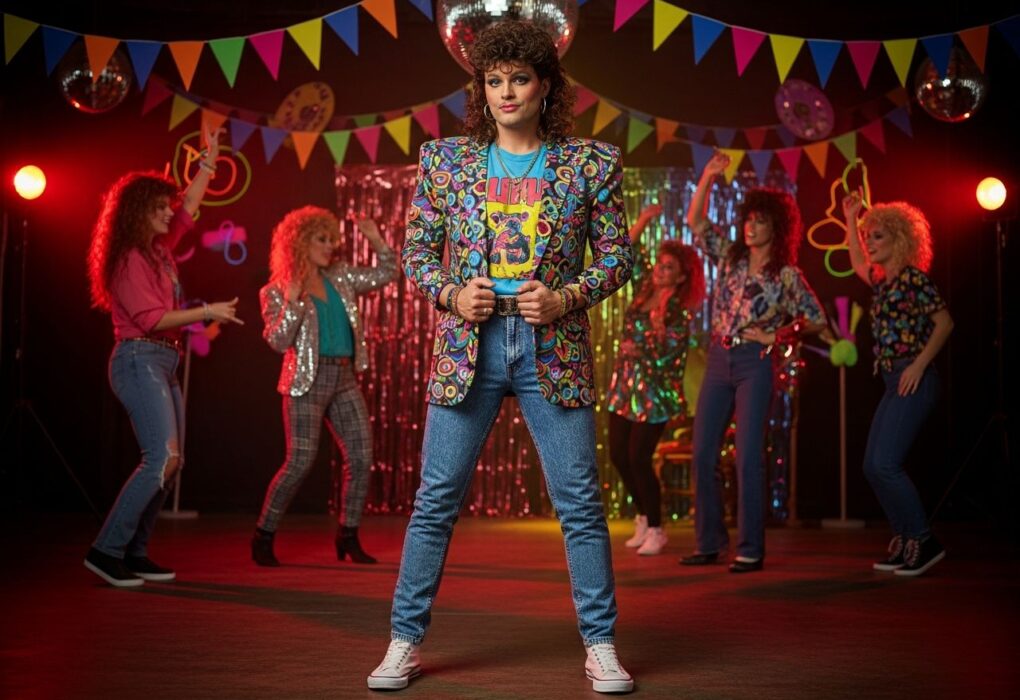 Muž v 80. rokoch s farebným sakom a džínsami na retro párty s neónmi a diskotékovou guľou