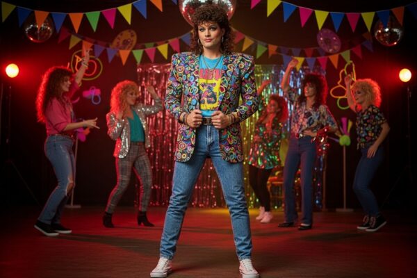 Muž v 80. rokoch s farebným sakom a džínsami na retro párty s neónmi a diskotékovou guľou