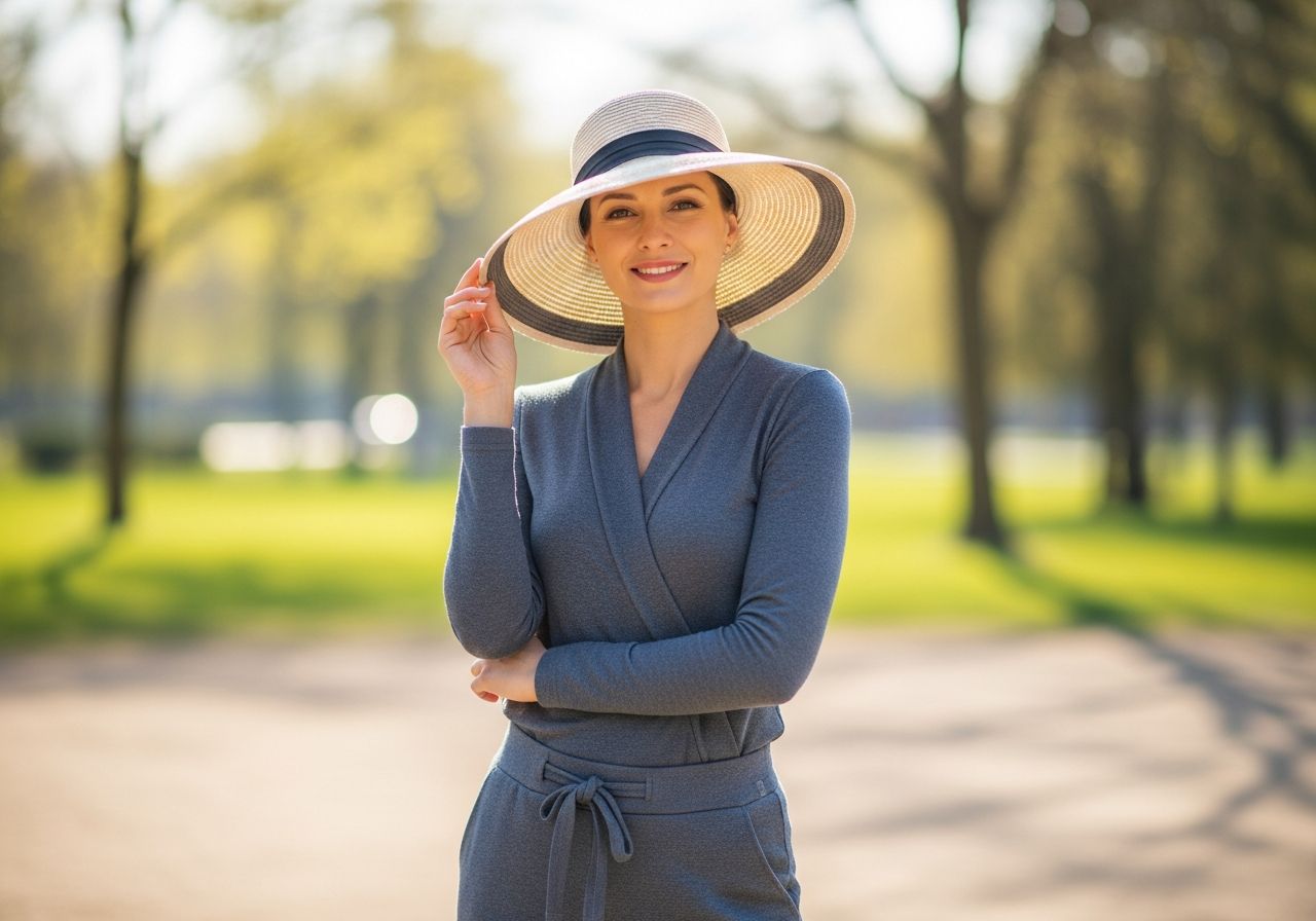 žena v elegantnom klobúku stojaca na slnečnom mieste v parku s prirodzeným osvetlením