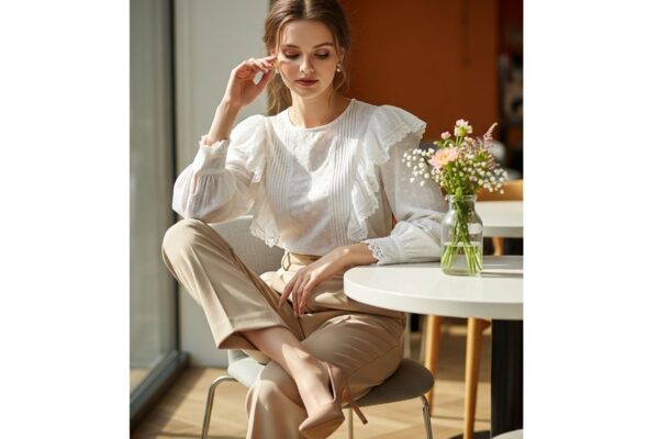 mladá žena v bielej blúzke sedí v modernom kaviarni pri stole s kvetinou v váze