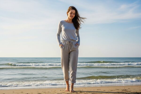 Mladá žena v ľahkom oblečení stojí na pláži pri mori za jasného počasia.