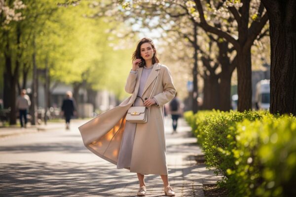 Mladá žena v jarnom kabáte stojí na ulici obklopenej kvitnúcimi stromami a zelenou zeleňou.