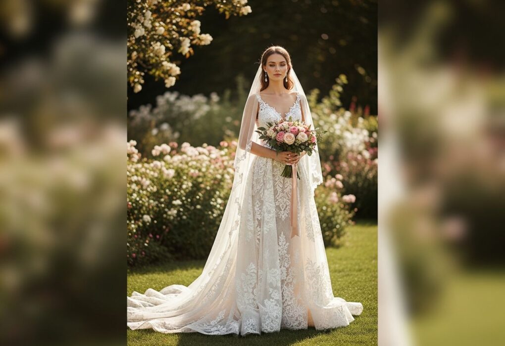 Nevesta v svadobných šatách stojaca v záhrade s kvetmi na rozmazanom pozadí.