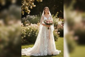 Nevesta v svadobných šatách stojaca v záhrade s kvetmi na rozmazanom pozadí.