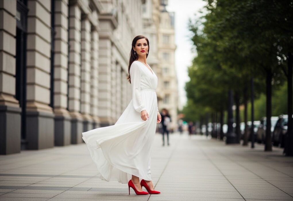 žena v bielych šatách a červených lodičkách stojí na mestskom chodníku s rozmazaným pozadím