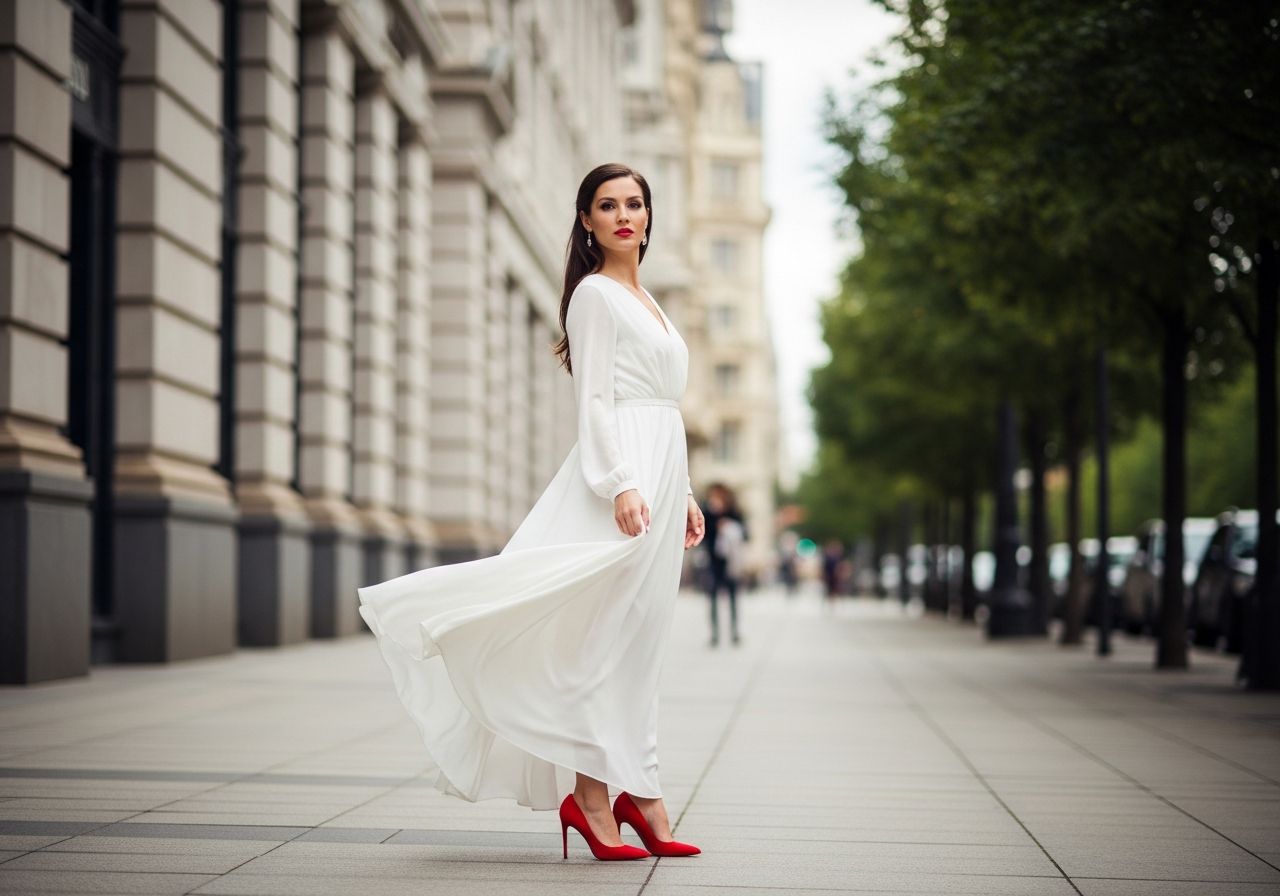 žena v bielych šatách a červených lodičkách stojí na mestskom chodníku s rozmazaným pozadím
