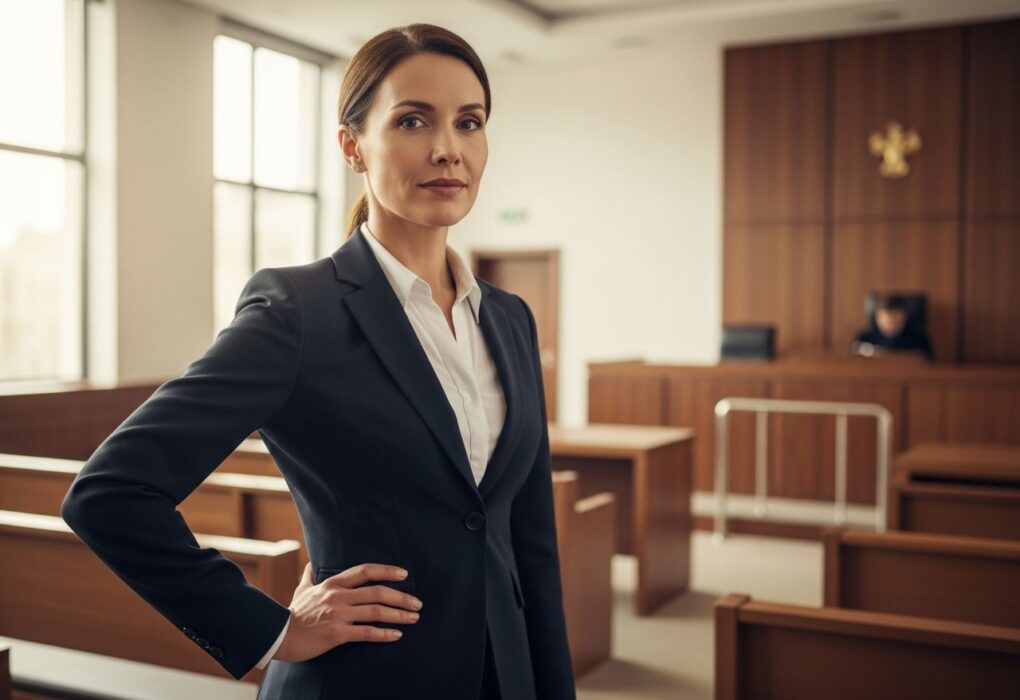 Profesionálna žena v obleku stojaca v modernom súdnom prostredí s pozadím drevených lavíc.