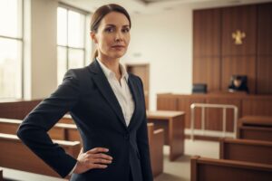 Profesionálna žena v obleku stojaca v modernom súdnom prostredí s pozadím drevených lavíc.