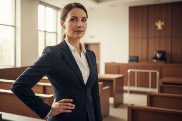 Profesionálna žena v obleku stojaca v modernom súdnom prostredí s pozadím drevených lavíc.