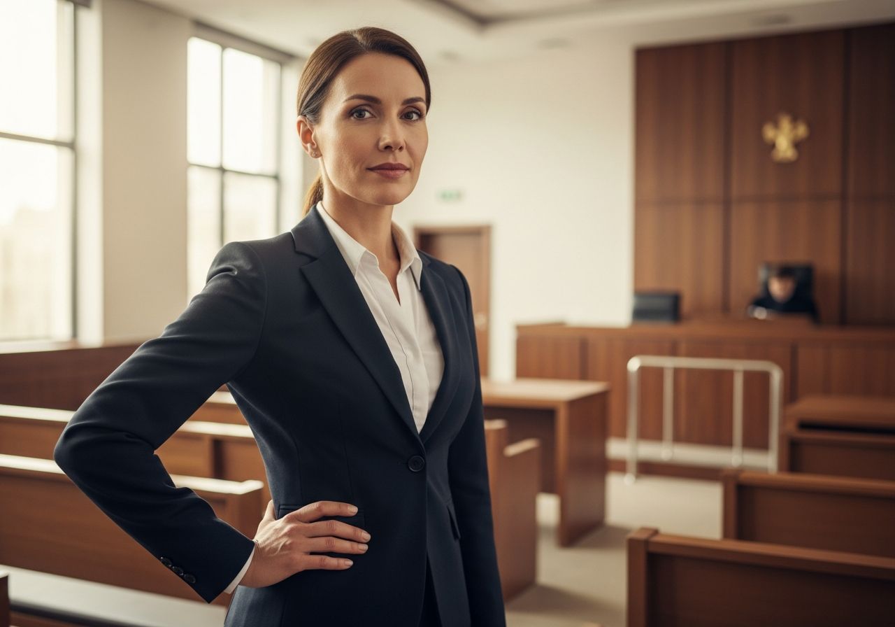 Profesionálna žena v obleku stojaca v modernom súdnom prostredí s pozadím drevených lavíc.