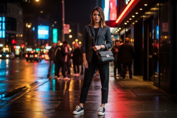 Mladá osoba pred nočným klubom v meste, v elegantnom oblečení s modernými doplnkami, nočná atmosféra.