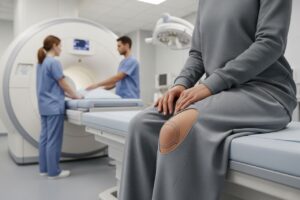Pacient sedí na vyšetrovacom stole s odhaleným kolenom pripravený na MRI v klinike s prístrojom v pozadí.