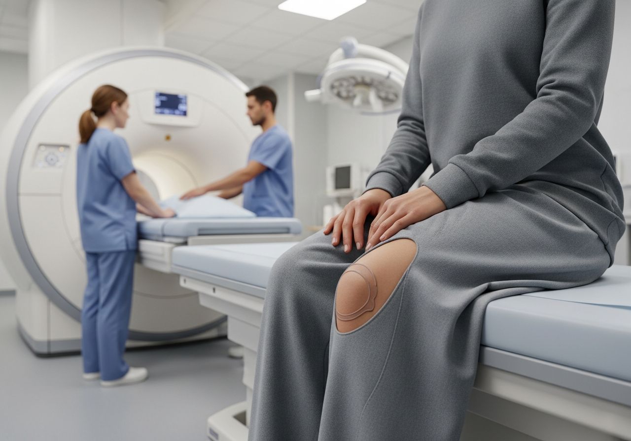 Pacient sedí na vyšetrovacom stole s odhaleným kolenom pripravený na MRI v klinike s prístrojom v pozadí.