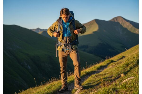 Mladý turista v hornej vrstve a batohom na horskej trase počas zlatého hodiny s horami a modrou oblohou