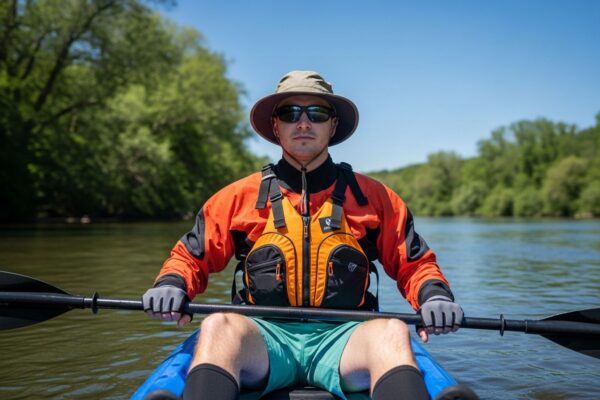 Osoba v oranžovo-čiernej kajakovej bunde sediaca v modrom kajaku na pokojnej rieke za denného svetla