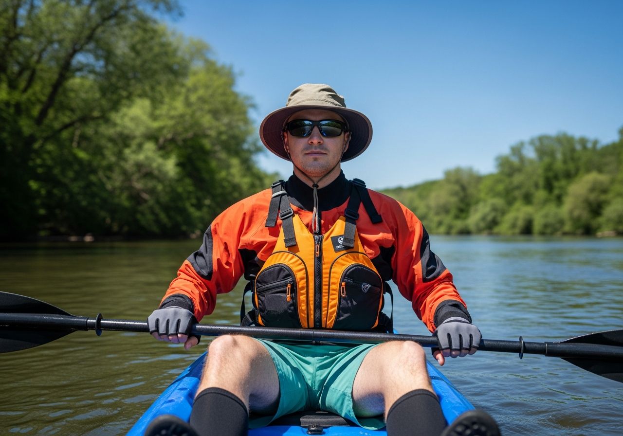 Osoba v oranžovo-čiernej kajakovej bunde sediaca v modrom kajaku na pokojnej rieke za denného svetla