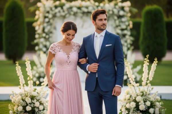 Elegantný pár na svadbe v záhradnom prostredí so sviežou zeleňou a kvetinovou výzdobou.