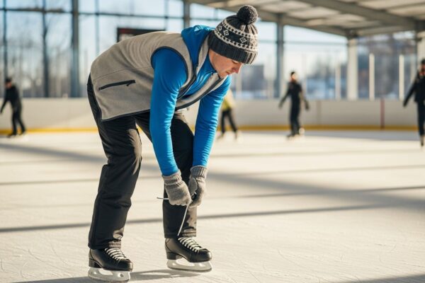 Mladý dospelý oblečený na zimné korčuľovanie v krytej klzisku viaže si korčule.