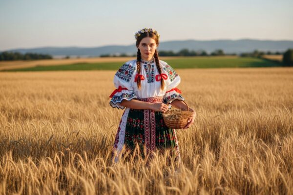 Mladá žena v slovenskom kroji drží košík s obilím na poli pri západe slnka.