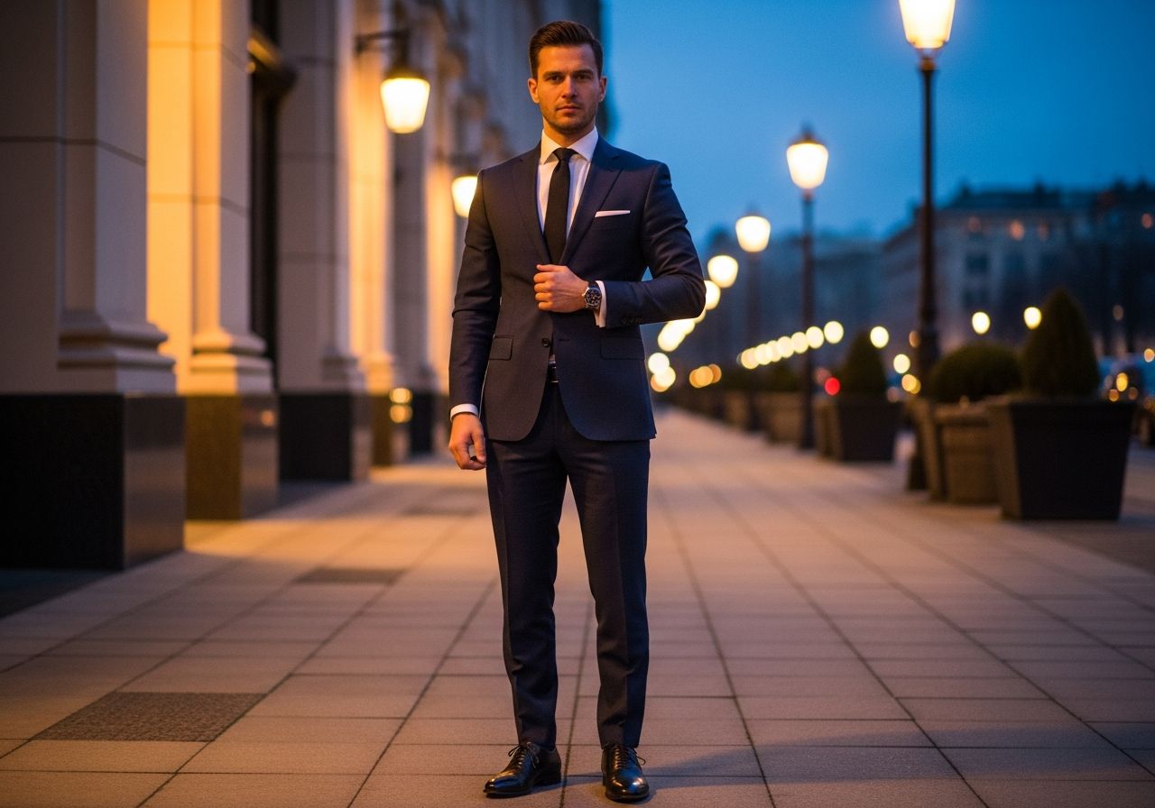 Muž v tmavomodrom obleku stojí v mestskom prostredí pri súmraku, oblečený na silvestrovský večer.