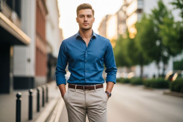 Mladý muž v modrej košeli a béžových nohaviciach stojí na mestských uliciach pri zlatej hodine.