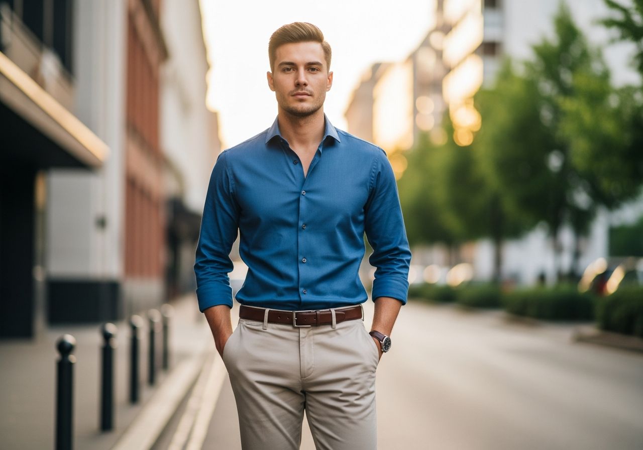 Mladý muž v modrej košeli a béžových nohaviciach stojí na mestských uliciach pri zlatej hodine.