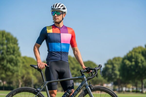 cyklista stojaci pri modernom cestnom bicykli v parku za slnecneho dna