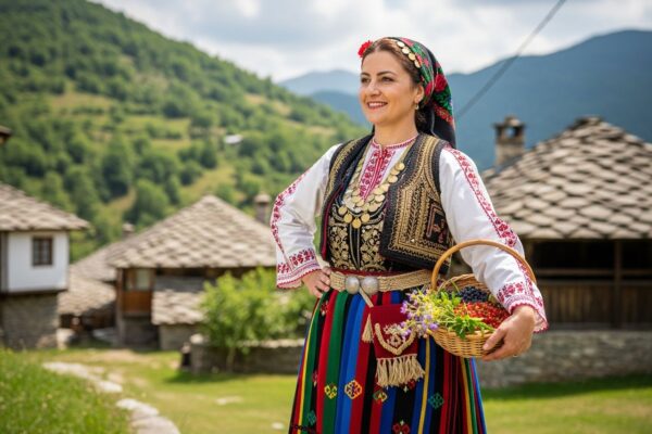 Stredne veková albánska žena v tradičnom odeve s košíkom v horozkaznej dedine s kamennými domami.