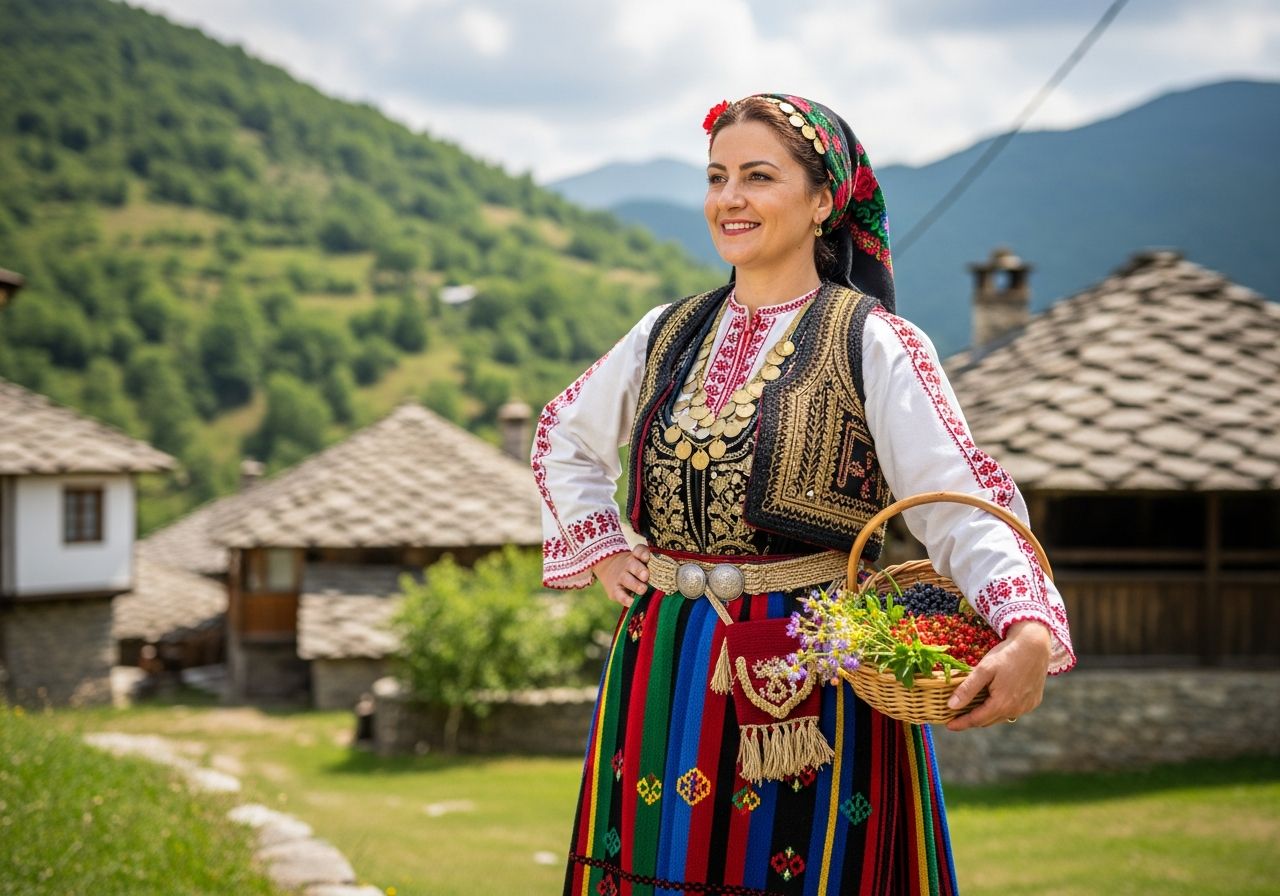 Stredne veková albánska žena v tradičnom odeve s košíkom v horozkaznej dedine s kamennými domami.