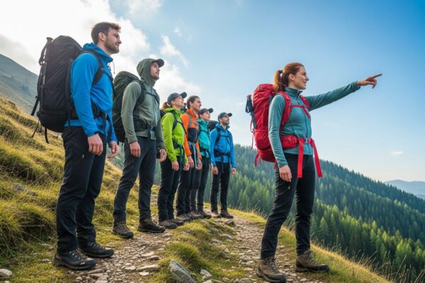 skupina turistov na horskej trase v praktickom oblečení s batohmi za jasného dňa v zelenej prírode