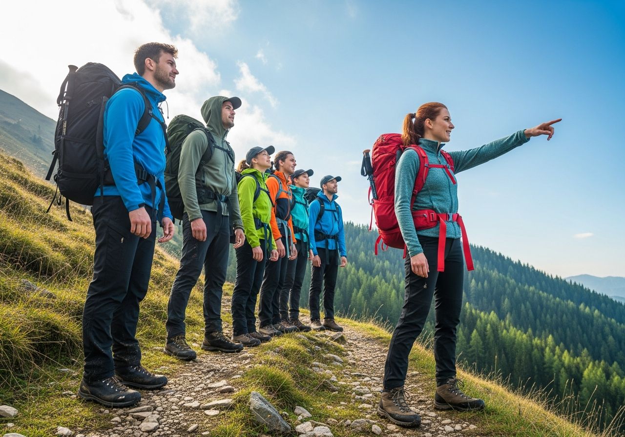 skupina turistov na horskej trase v praktickom oblečení s batohmi za jasného dňa v zelenej prírode